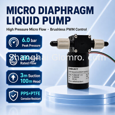 مضخة الحجاب الحاجز بدون فرشاة 12 فولت / 24 فولت PWM تحكم السرعة PTFE مضخة 6 بار عالية الضغط المقاومة للحمض / القلوي